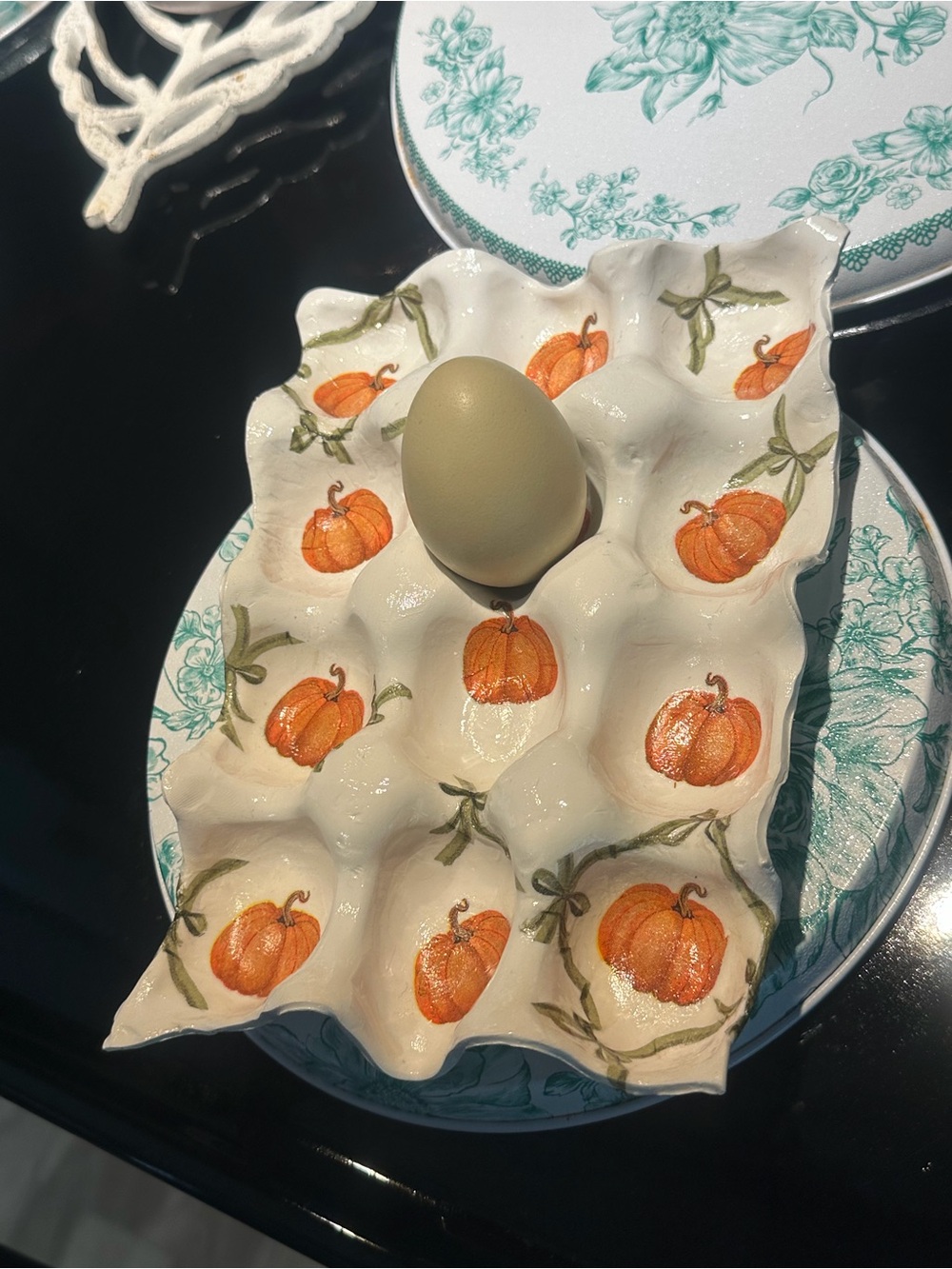 Handmade Pumpkin Clay Egg Tray - White/Orange